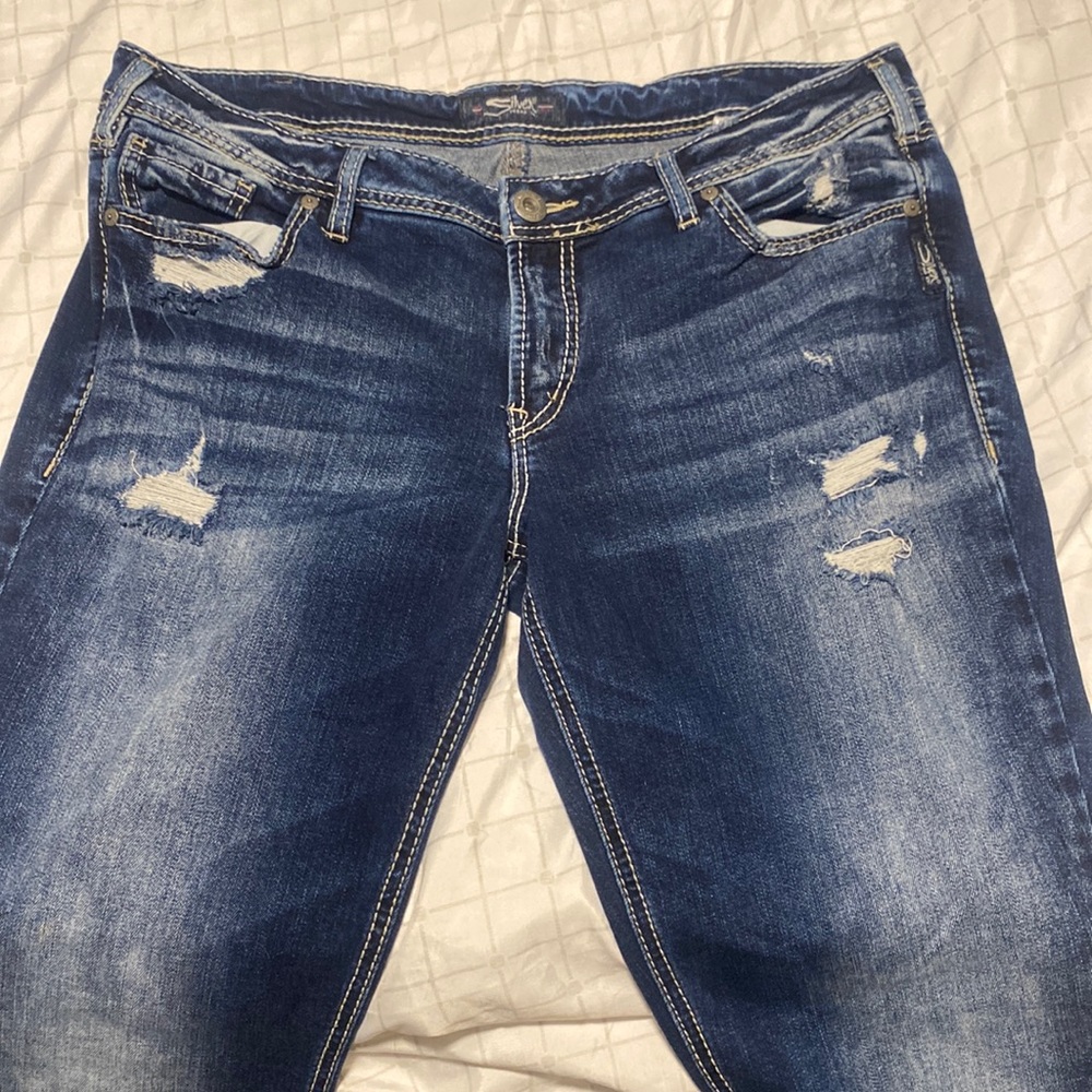 Women’s silver Jean slim boots jeans waist, 34, length 33